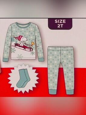 Peanuts Kids Pajama Set in Light Teal with Red Accent